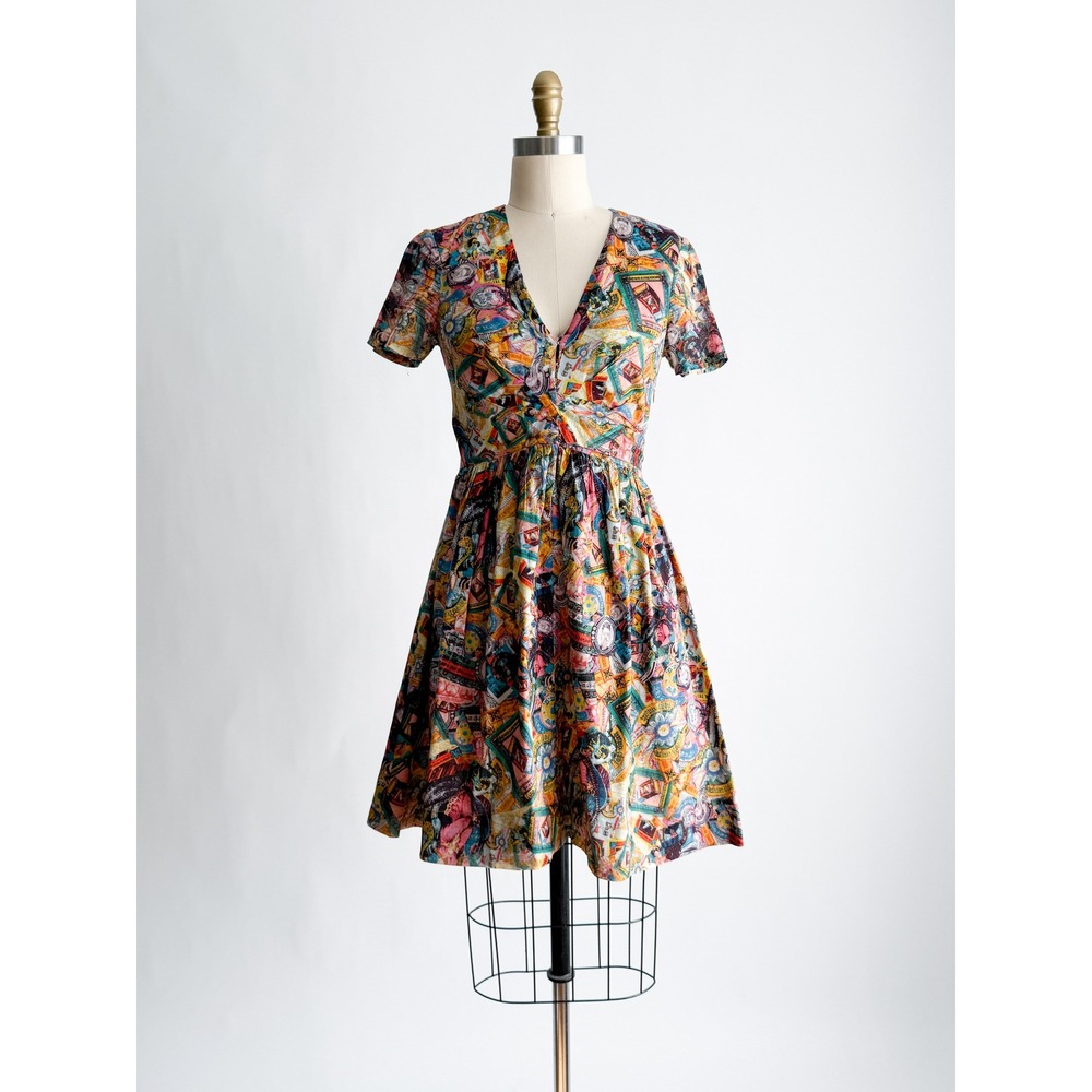 Rachel Roy Fit & Flare Dress Postcard Matchbook Print Small Multicolor V-Neck
